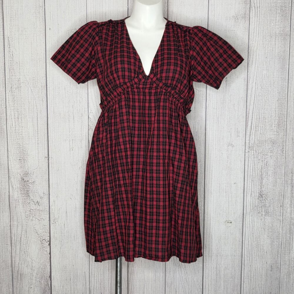 Disturbia Dreadful Ruffle Smock Dress US10/UK 14 NWT Red Black Plaid Goth Punk